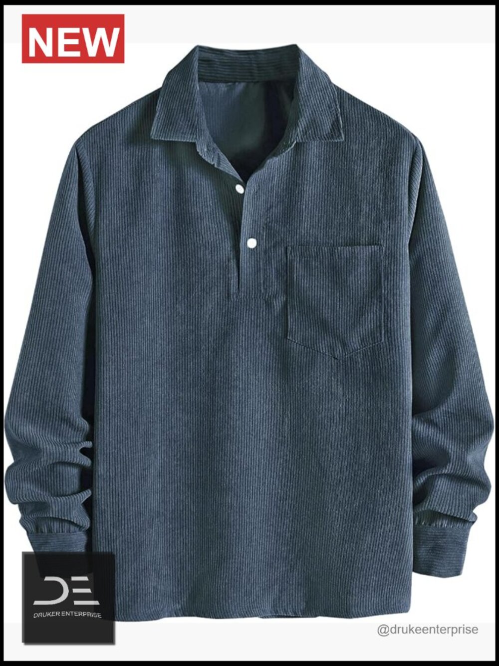 Corduroy Shirt - Long Sleeve Pullover Polo with Pocket - Casual Button Up